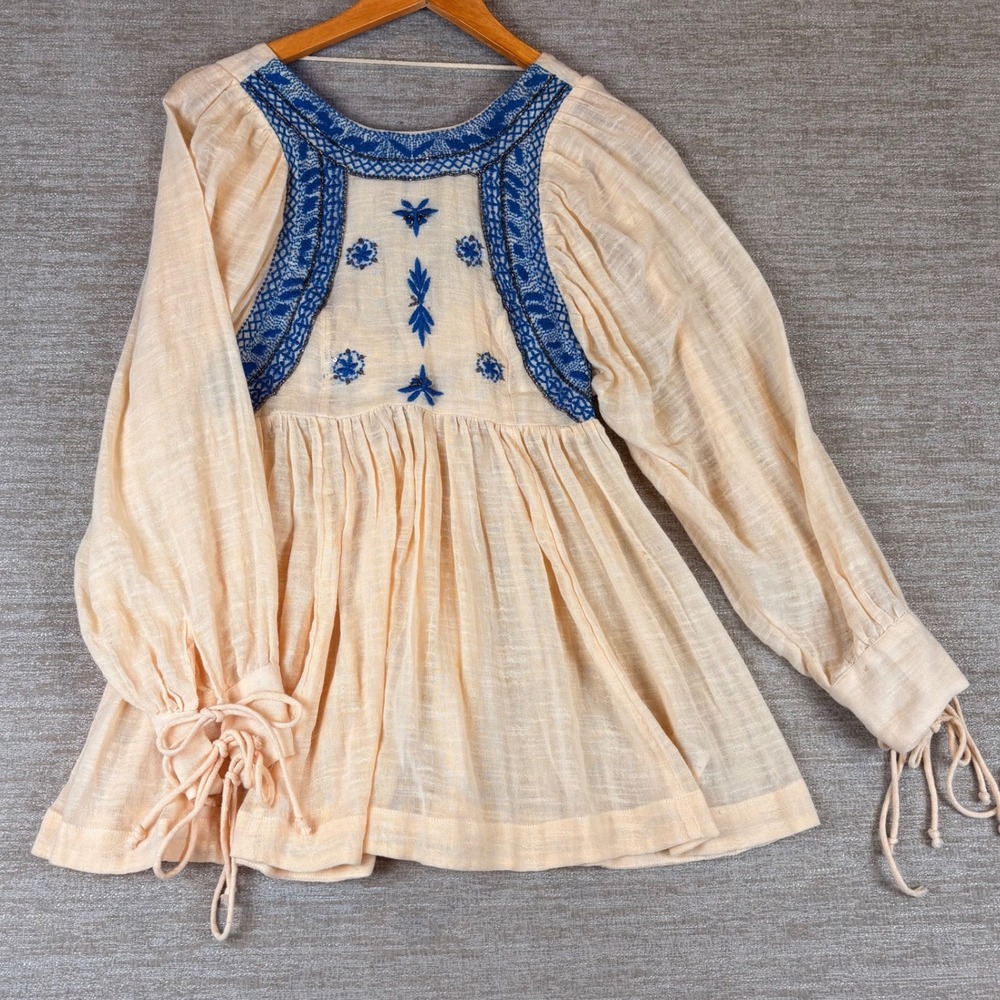 Free People Bali Birdie Embroidered Peasant Top Womens XS Boho Cottagecore Tunic
